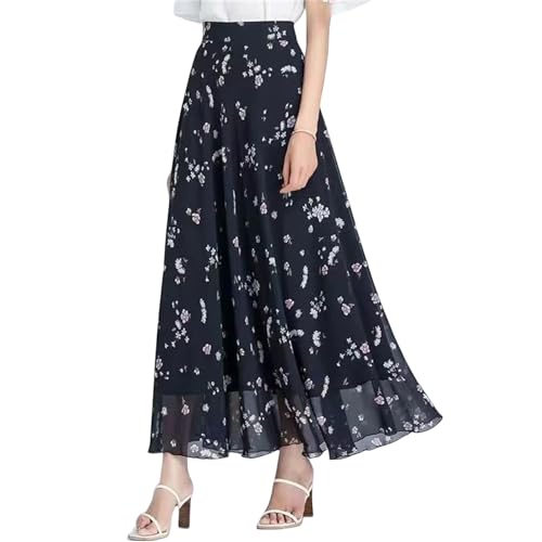 FXSMCXJ Langer Rock Damen Fragmentierter Vintage-Chiffon-Rock Frauen Frühling Hohe Taille Mitten Länge Großer Saum A-line Faltenrock-blumen-3xl von FXSMCXJ