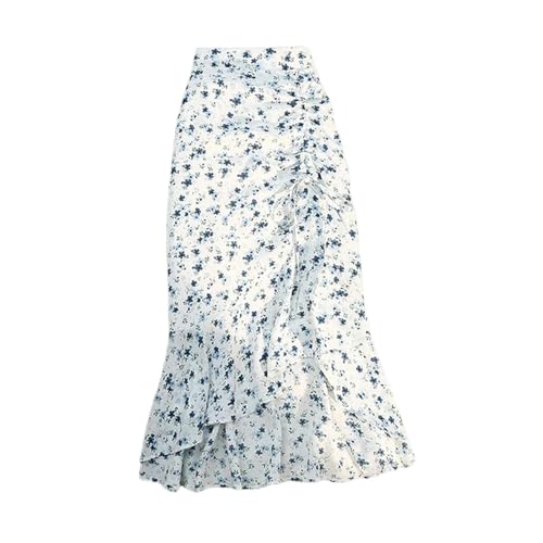 FXSMCXJ Langer Rock Damen Frauen Frühling Sommer Unregelmäßiger Rock Elastizität Hoher Taille Elegantes Chiffon Blumenmuster Bleistift Midi Rock Frau-blau-s von FXSMCXJ