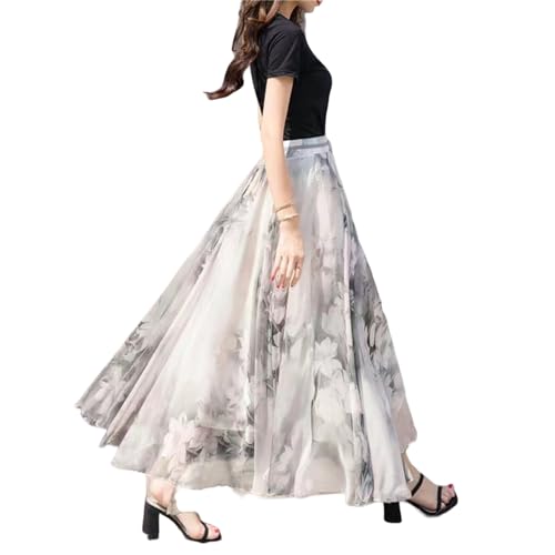 FXSMCXJ Langer Rock Damen Style Tinte Fragmented Vintage Chiffon Rock Frauen Frühling Hohe Taille Mit Mittlerer Länge Großer Saum A-line Faltenrock-hellgrau-m von FXSMCXJ