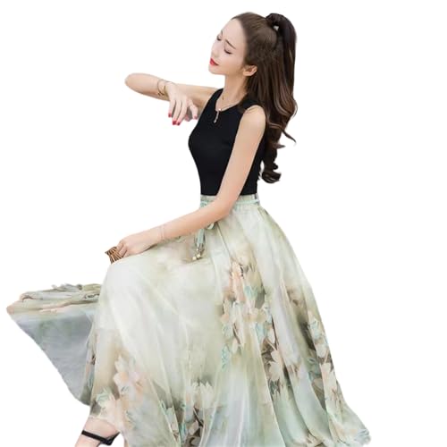 FXSMCXJ Langer Rock Damen Style Tinte Fragmented Vintage Chiffon Rock Frauen Frühling Hohe Taille Mit Mittlerer Länge Großer Saum A-line Faltenrock-hellgrün-XL von FXSMCXJ