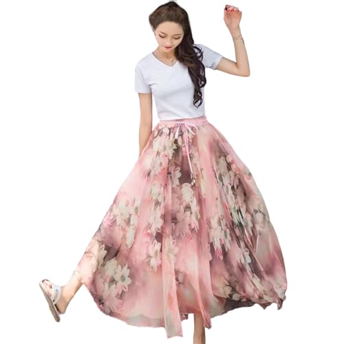 FXSMCXJ Langer Rock Damen Style Tinte Fragmented Vintage Chiffon Rock Frauen Frühling Hohe Taille Mit Mittlerer Länge Großer Saum A-line Faltenrock-rosa-s von FXSMCXJ