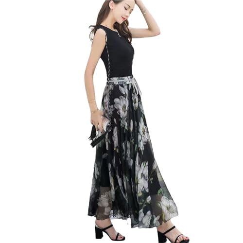 FXSMCXJ Langer Rock Damen Style Tinte Fragmented Vintage Chiffon Rock Frauen Frühling Hohe Taille Mit Mittlerer Länge Großer Saum A-line Faltenrock-schwarz-m von FXSMCXJ