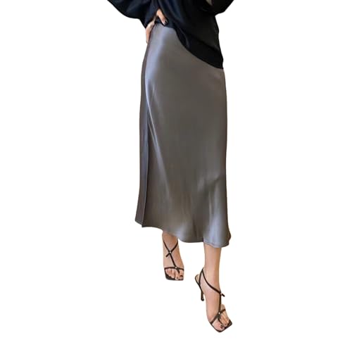 FXSMCXJ Satinrock Frauen Geteilte Röcke Sommer Mode Soft Satin Rock Frauen Hohe Taille A-line-röcke Weibliche Röcke-grau-l von FXSMCXJ