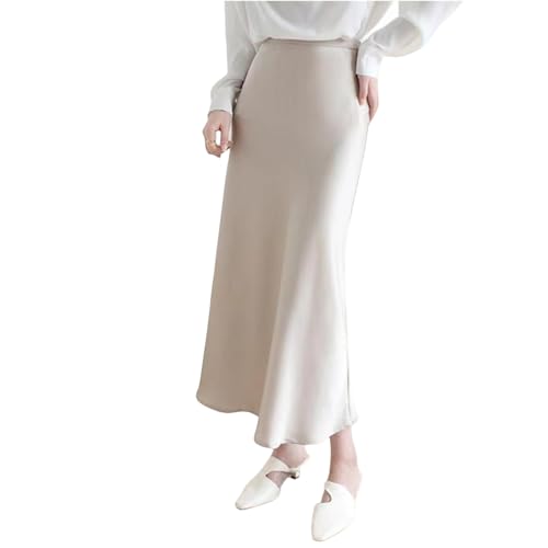 FXSMCXJ Satinrock Röcke Für Frauen Rock Midi Satin Büro Frauen Formelle Anlass Kleider Prom Party Maxi Kleid-Champagner -Aprikose-XL von FXSMCXJ