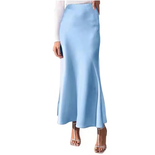 FXSMCXJ Satinrock Sommer Elegante Frauen Lange Röcke Satin Mode Boden Plissen Lose Hohe Taille Gekräuselte Maxi -Party -röcke-blau-s von FXSMCXJ