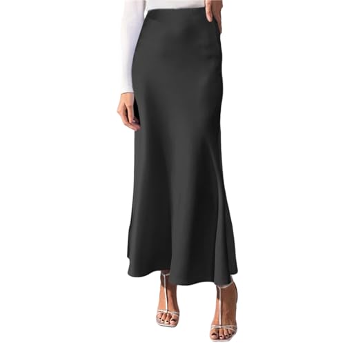 FXSMCXJ Satinrock Sommer Elegante Frauen Lange Röcke Satin Mode Boden Plissen Lose Hohe Taille Gekräuselte Maxi -Party -röcke-schwarz-m von FXSMCXJ
