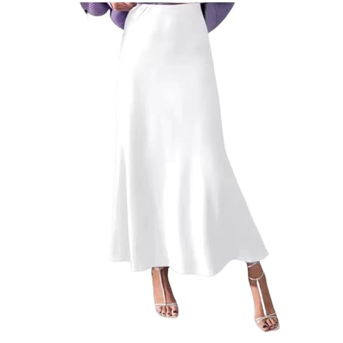 FXSMCXJ Satinrock Sommer Elegante Frauen Lange Röcke Satin Mode Boden Plissen Lose Hohe Taille Gekräuselte Maxi -Party -röcke-weiß-s von FXSMCXJ