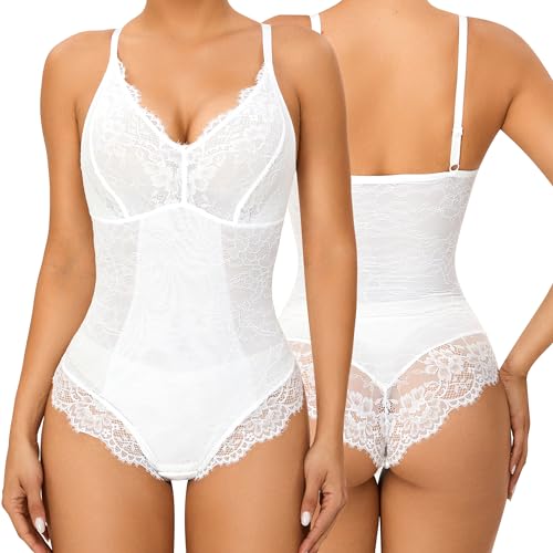 FXTYK Damen Spitze Shapewear Bauchweg Formende Body Tummy Control Ärmellos Top Bodysuit V-Ausschnitt rückenfrei UnterwäSche von FXTYK