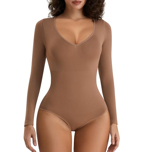 FXTYK Langarm V-Ausschnitt Shapewear Bodysuit Tops für Frauen Tummy Control Body Shaper von FXTYK