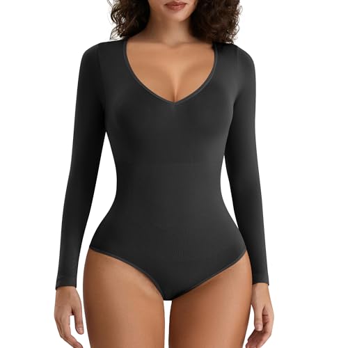 FXTYK Langarm V-Ausschnitt Shapewear Bodysuit Tops für Frauen Tummy Control Body Shaper von FXTYK