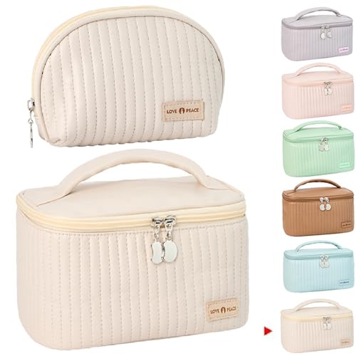 2er Set Reise Kosmetiktasche Kulturtasche Schminktasche, wasserdichte PU Leder Make Up Tasche Mit Reißverschluss, Tragbare Kosmetische Pinsel Taschen Makeup Organizer Für Damen Mädchen (Beige) von FYBlossom