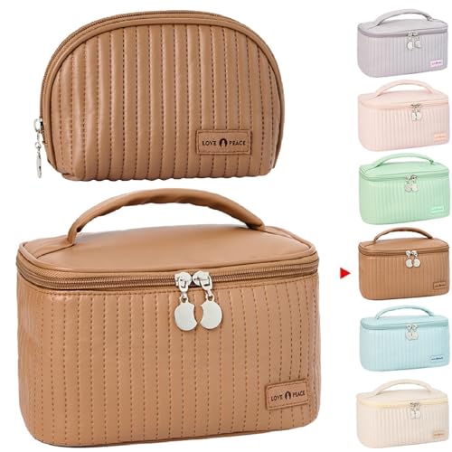 2er Set Reise Kosmetiktasche Kulturtasche Schminktasche, wasserdichte PU Leder Make Up Tasche Mit Reißverschluss, Tragbare Kosmetische Pinsel Taschen Makeup Organizer Für Damen Mädchen (Braun) von FYBlossom