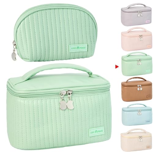 2er Set Reise Kosmetiktasche Kulturtasche Schminktasche, wasserdichte PU Leder Make Up Tasche Mit Reißverschluss, Tragbare Kosmetische Pinsel Taschen Makeup Organizer Für Damen Mädchen (Hellgrün) von FYBlossom