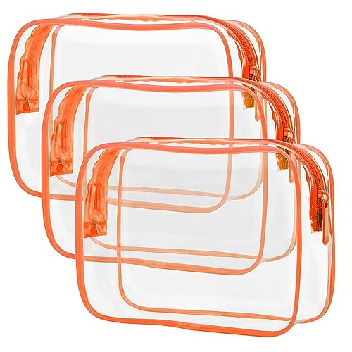 3 Stück Reise Kosmetiktasche Durchsichtig PVC Transparent Kulturtasche, Wasserdicht Make-up Tasche Flugzeug Beutel Waschtasche, Wiederverwendbar Kulturtasche Reisezubehör Für Damen Herren (Orange) von FYBlossom