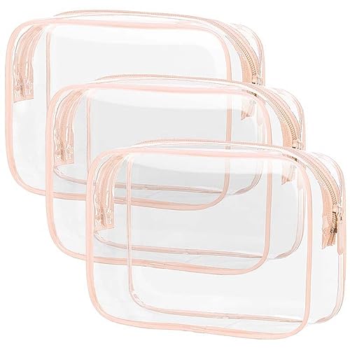 3 Stück Reise Kosmetiktasche Durchsichtig PVC Transparent Kulturtasche, Wasserdicht Make-up Tasche Flugzeug Beutel Waschtasche, Wiederverwendbar Kulturtasche Reisezubehör Für Damen Herren (Hellrosa) von FYBlossom