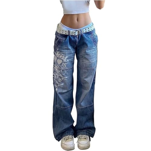 FYCYGG Baggy Damen Jeans Y2k Low Waist Jeans Straight Leg Jeanshose Gerade Freizeithose Stretch Boyfriend Locker Hosen Teenager Mädchen Streetwear ﻿ ﻿(Blue,M) von FYCYGG