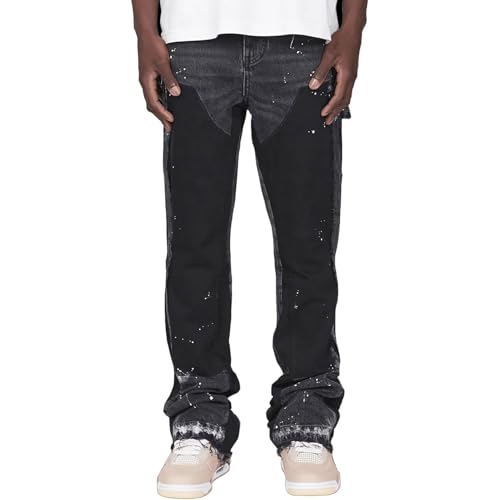 FYCYGG Baggy Jeans für Männer - Y2K Denim Baggy Jeans Hose mit Patchwork Design und Farbspritzern - Flared Jeans Streetwear Hip Hop Casual Cowboy Style(Grey,S) von FYCYGG