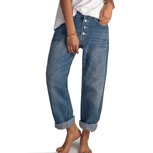 FYCYGG Damen Baggy Jeans Boyfriend Jeans Weites Bein Mid-Rise Knöchel Jeans Denim Hose mit Taschen Hufeisen Jeans Ballon Jeans Baggy Jeans Hose(S) von FYCYGG