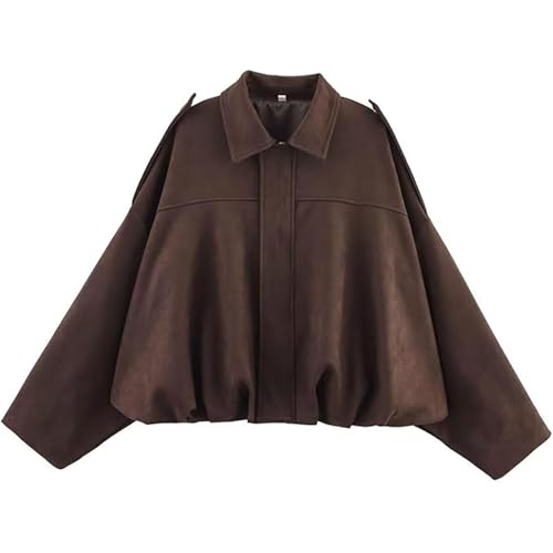 FYCYGG Damen Jacket Leder Kurze Blouson Lederimitat Motorrad Cord Mode Jacke Bikerjacke(Dark brown,L) von FYCYGG