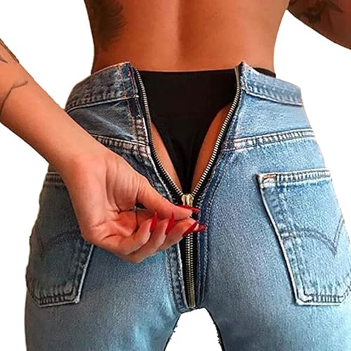 FYCYGG Damen-Jeans mit Reißverschluss Hinten, Skinny-Denim-Hose, Dehnbare Jeggings, Hohe Taille(Light Blue,M) von FYCYGG