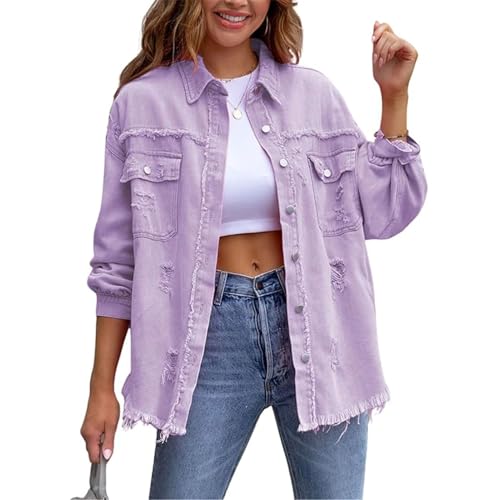 FYCYGG Damen Jeansjacke Cord Oversized Boyfriend Buttons Lässiger Langer Mantel Frühling/Herbst(Light purple,M) von FYCYGG