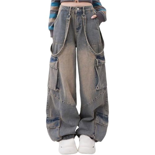 FYCYGG Damen Multi Pocket Low Waist Loose Y2K Jeans Gothic Wide Leg Hose(M) von FYCYGG