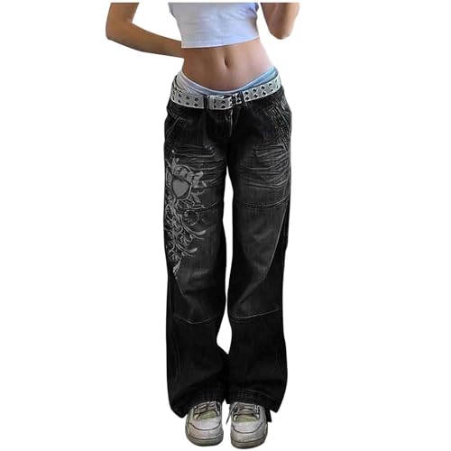 FYCYGG Damen Retro Low Rise Unregelmäßige Gedruckte Washed Jeans Y2K Wide Leg Loose Pants(Black,M) von FYCYGG