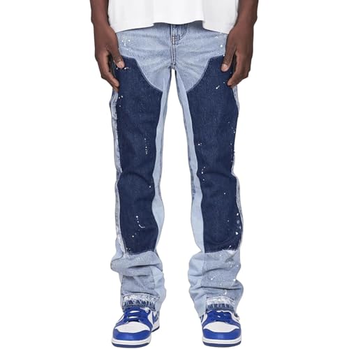 FYCYGG Flared Jeans Herren, Y2K Streetwear Denim Hose mit Tintenspritzer-Design, Patchwork und Taschen, Bootcut Baggy Freizeithose im Hip Hop Cowboy Style(Light Blue,M) von FYCYGG