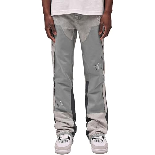 FYCYGG Flared Jeans Herren, Y2K Streetwear Denim Hose mit Tintenspritzer-Design, Patchwork und Taschen, Bootcut Baggy Freizeithose im Hip Hop Cowboy Style(Light Grey,L) von FYCYGG
