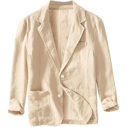 FYCYGG Herren Sommer Leinenjacke Lässiger Herrenblazer aus Baumwolle und Leinen mit Zwei Knöpfen Schlichter Lockerer Sakko Freizeit Anzugjacke Knopf Jacke(Apricot,L) von FYCYGG