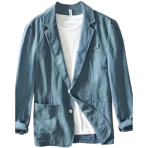 FYCYGG Herren Sommer Leinenjacke Lässiger Herrenblazer aus Baumwolle und Leinen mit Zwei Knöpfen Schlichter Lockerer Sakko Freizeit Anzugjacke Knopf Jacke(Dark Blue,L) von FYCYGG