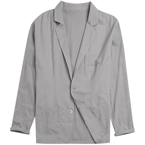 FYCYGG Herren Sommer Leinenjacke Lässiger Herrenblazer aus Baumwolle und Leinen mit Zwei Knöpfen Schlichter Lockerer Sakko Freizeit Anzugjacke Knopf Jacke(Light Gray,L) von FYCYGG