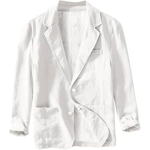 FYCYGG Herren Sommer Leinenjacke Lässiger Herrenblazer aus Baumwolle und Leinen mit Zwei Knöpfen Schlichter Lockerer Sakko Freizeit Anzugjacke Knopf Jacke(White,XXL) von FYCYGG