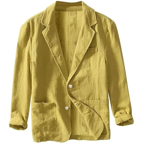 FYCYGG Herren Sommer Leinenjacke Lässiger Herrenblazer aus Baumwolle und Leinen mit Zwei Knöpfen Schlichter Lockerer Sakko Freizeit Anzugjacke Knopf Jacke(Yellow,S) von FYCYGG