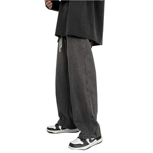 FYCYGG Herren Straight Leg Jeans Relaxed Fit Baggy Jean Hip Hop Loose Denim Hose mit Kordelzug(Black,5XL) von FYCYGG