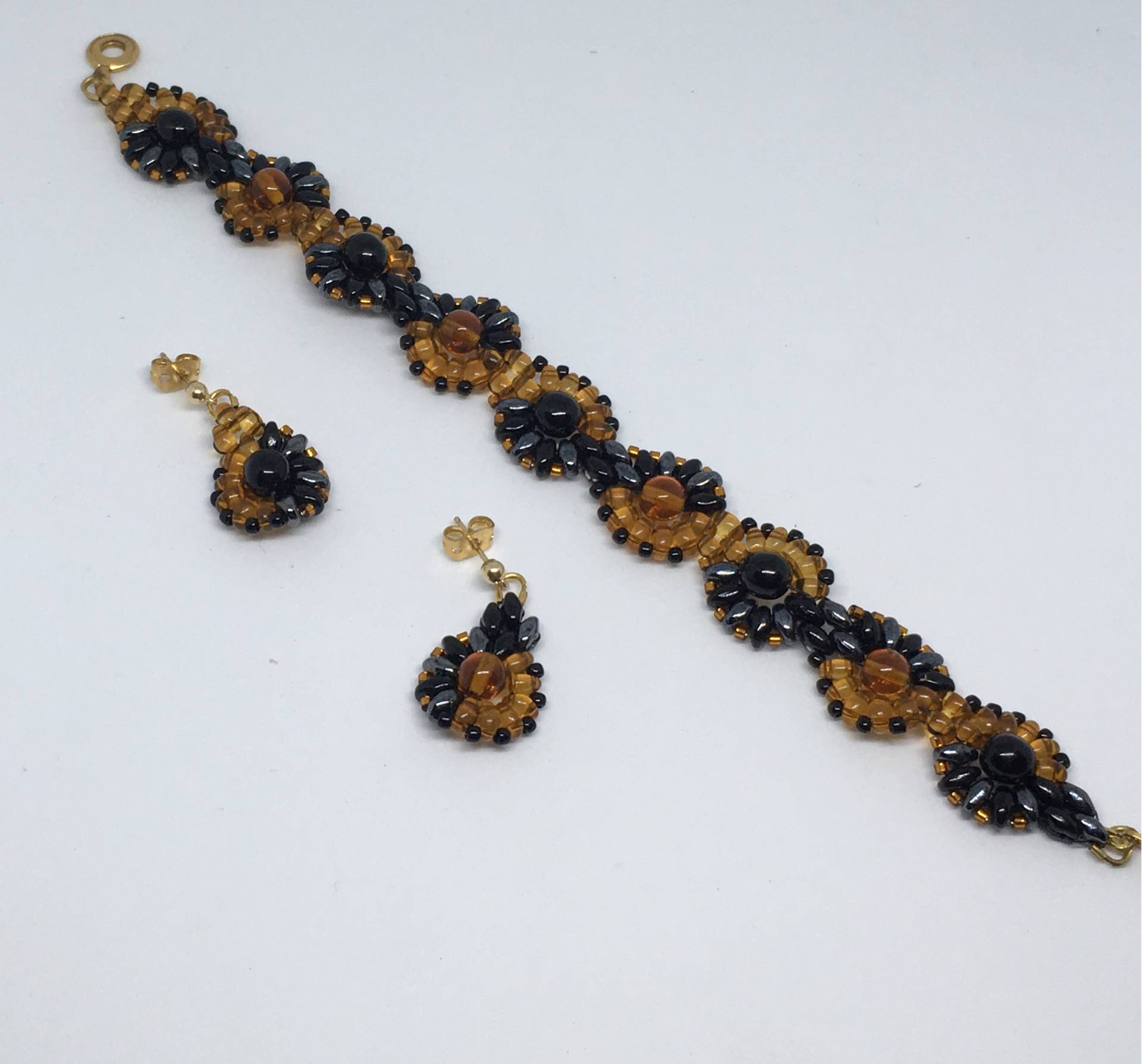 Bernstein Und Jet Schwarz Druk-Perle Armband Ohrringe Bernstein Und Jet Schwarz Druk-Perle Armband Ohrringe von FYETreasures