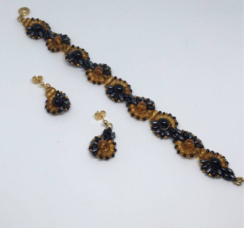 Bernstein Und Jet Schwarz Druk-Perle Armband Ohrringe von FYETreasures