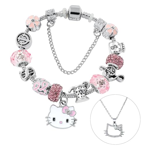 FYFLYMT Kitty Armband Geschenke für Mädchen,2Pcs Kitty Schmuck Set,Kitty Charm Armband Mit Anhänger und Kitty Kette,Cartoon Verstellbares Armband für Mädchen Geschenke von FYFLYMT