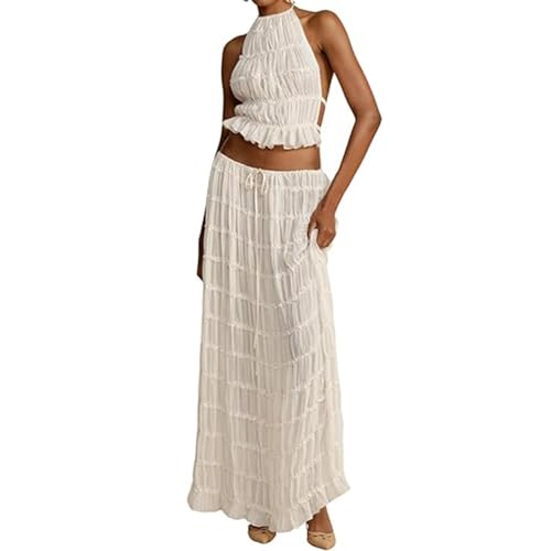 2-teiliges Maxirock Set für Damen, Tanktops mit Schnürung Am Rücken, Langes Rock Set mit Hoher Taille zum Binden(Apricot,Medium) von FYHTC