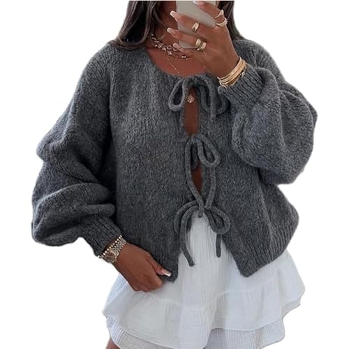 Damen Pullover mit Schnürung Vorne und Schleife, Solider V-Ausschnitt Herbst Lange Puffärmel Lockere Strickwaren Cardigan Jacke Mäntel(Dark Gray,Small) von FYHTC