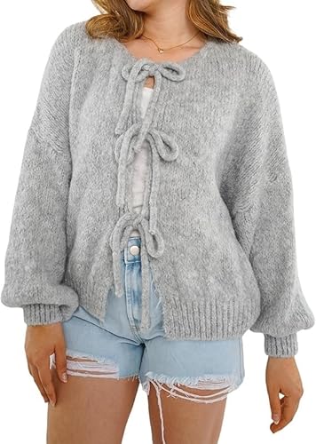 Damen Pullover mit Schnürung Vorne und Schleife, Solider V-Ausschnitt Herbst Lange Puffärmel Lockere Strickwaren Cardigan Jacke Mäntel(Gray,Medium) von FYHTC