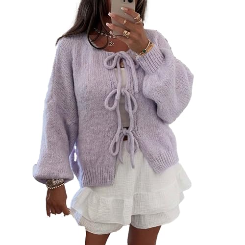 Damen Pullover mit Schnürung Vorne und Schleife, Solider V-Ausschnitt Herbst Lange Puffärmel Lockere Strickwaren Cardigan Jacke Mäntel(Purple,X-Large) von FYHTC