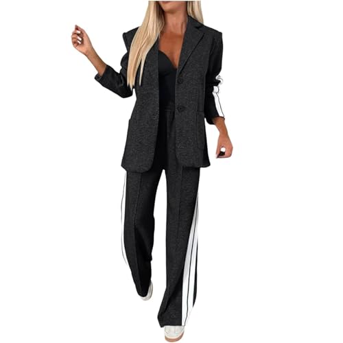 FYHTC 2-teiliges Blazer Set für Damen im Herbst Übergroße Jacke Weite Hosen Revers Button Up Blazer Business Casual Outfit Set(Black,Medium) von FYHTC