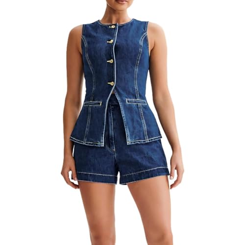 FYHTC 2-teiliges Damen Blazer Westen Set, Lässig Rundhalsausschnitt Ärmellos Button Down Weste Tops Hohe Taille Kurze Hosen Anzugwesten-Sets(Large) von FYHTC