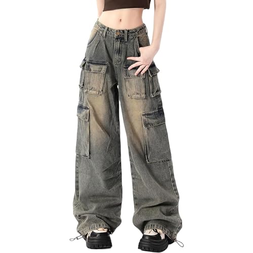 FYHTC Baggy Jeans für Damen Herren Zerrissene Gerade Hose Hoch Taillierte Distressed Jeans Y2K Grunge Sommerkleidung(Small) von FYHTC