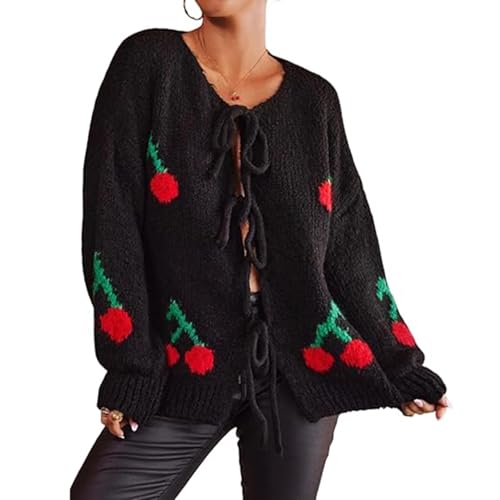 FYHTC Damen Cardigan mit Bindeband Vorne, Herbst/Winter Grob Gestrickt Lange Puffärmel Kirschen Stickerei Pullover Mäntel(Black,X-Large) von FYHTC