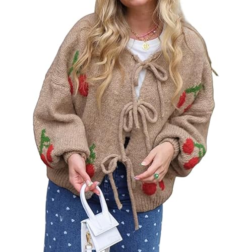 FYHTC Damen Cardigan mit Bindeband Vorne, Herbst/Winter Grob Gestrickt Lange Puffärmel Kirschen Stickerei Pullover Mäntel(Khaki,X-Large) von FYHTC