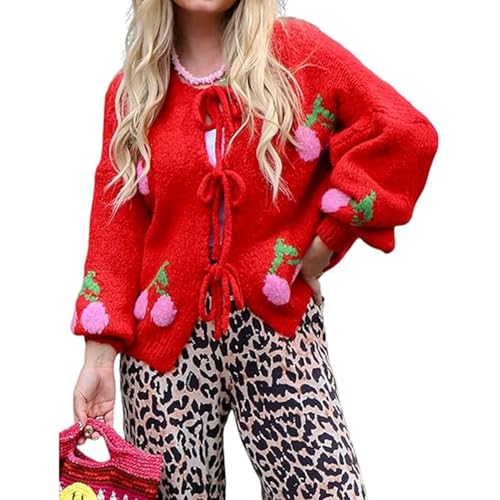 FYHTC Damen Cardigan mit Bindeband Vorne, Herbst/Winter Grob Gestrickt Lange Puffärmel Kirschen Stickerei Pullover Mäntel(Red,Large) von FYHTC
