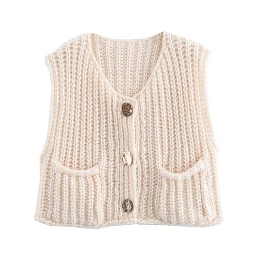 FYHTC Damen Häkeloberteil Grobstrick Ärmellos Knopfleiste Trendiger Cardigan Pullover Weste für Damen mit Taschen(White,Medium) von FYHTC