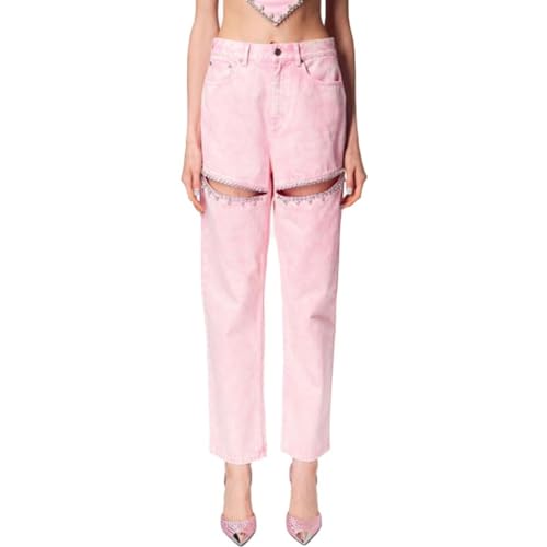 FYHTC Damen Jeans mit Hoher Taille, Gerades Weites Bein Y2K Jeanshose Cut Out Jeans mit Strasssteinen Streetwear(Pink,Large) von FYHTC